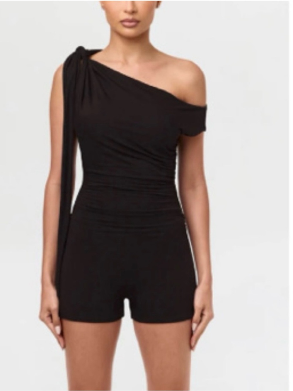 Naked Wardrobe Black One-Shoulder Tie Ruched Romper Medium Shorts Beach Casual